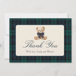 Blue Plaid Teddy Bear Baby Shower Thank You Card