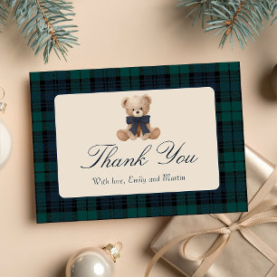 Blue Plaid Teddy Bear Baby Shower Thank You Card