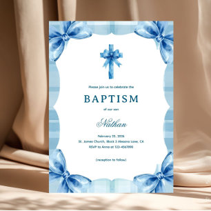 Blue Plaid Watercolor Bows & Cross Boy Baptism Invitation