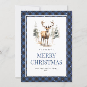 Blue Plaid Watercolor Deer Snowy Merry Christmas Holiday Card
