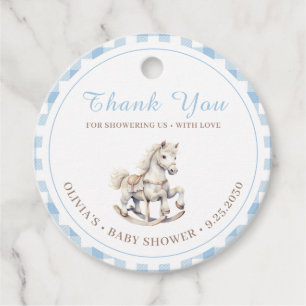 Blue Plaid Watercolor Rocking Horse Baby Shower Favour Tags