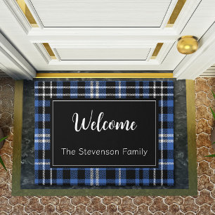 Blue Plaid Welcome Monogrammed Family Name  Doormat