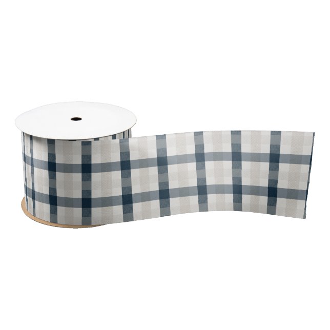Blue Plaid Winter Holiday Christmas Heart Beige Satin Ribbon (Spool)