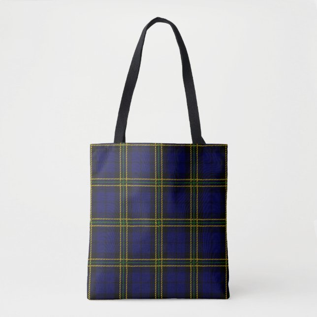 Blue plaid with black and yellow green stripe tote bag (Front)