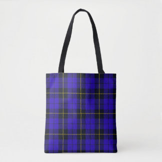 Blue plaid with black and yellow stripe tote bag