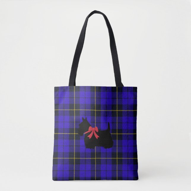 Blue plaid with Scottish Terrier with red bow Tote Bag (Front)