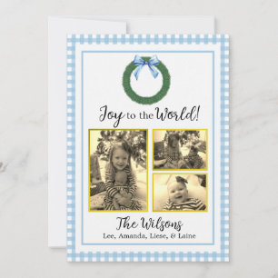 Blue Plaid Wreath with Bow Photo Christmas Card