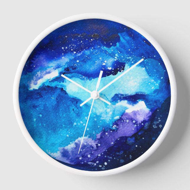 Blue planet nebula galaxy watercolor clock (Front)