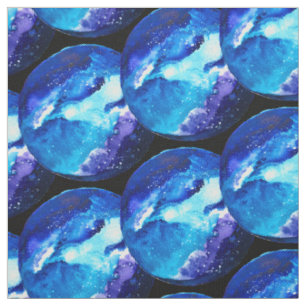 Blue planet nebula galaxy watercolor fabric