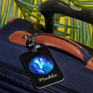 Blue planet nebula galaxy watercolor luggage tag