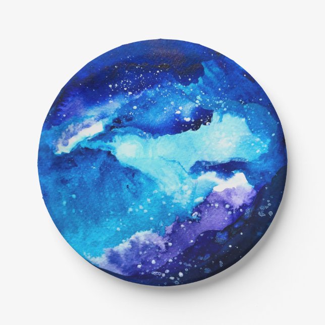 Blue planet nebula galaxy watercolor paper plate (Front)