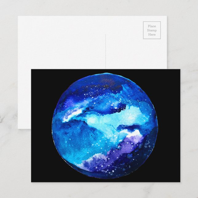Blue planet nebula galaxy watercolor postcard (Front/Back)