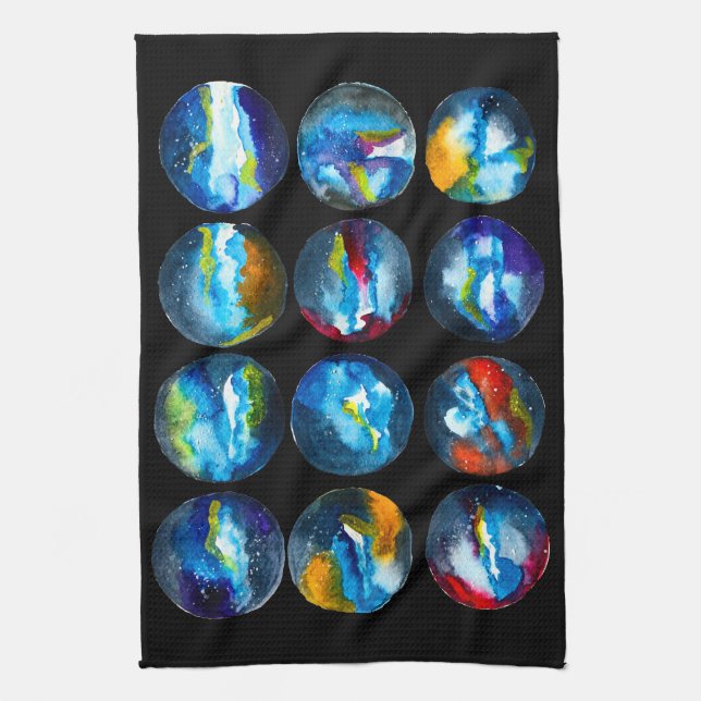 Blue planet nebula galaxy watercolor tea towel (Vertical)