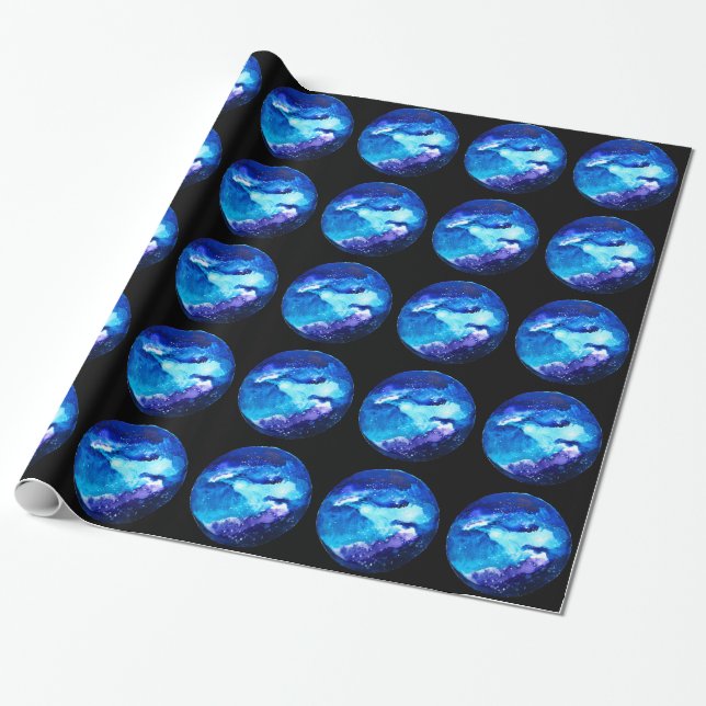 Blue planet nebula galaxy watercolor wrapping paper (Unrolled)