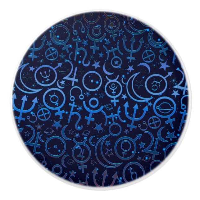 Blue Planetary Symbols Mystical Universe Planets Ceramic Knob (Front)