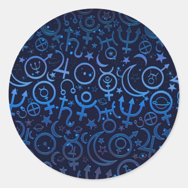 Blue Planetary Symbols Mystical Universe Planets Classic Round Sticker (Front)