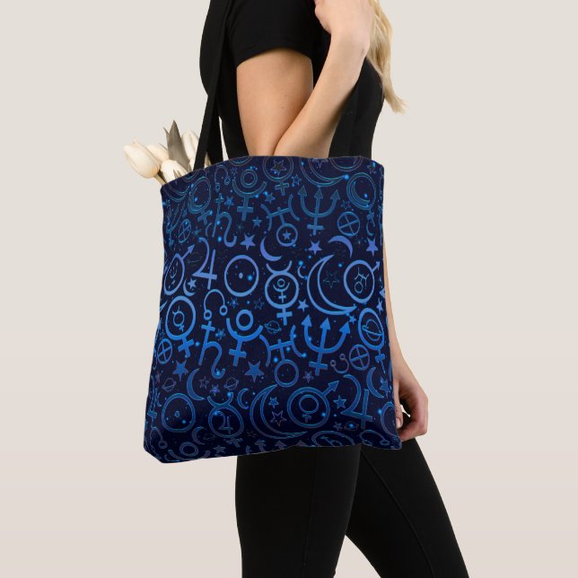 Blue Planetary Symbols Mystical Universe Planets Tote Bag (Close Up)