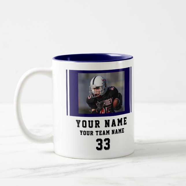 Blue Player Name Number Team Photo Two-Tone Coffee Mug (Left)