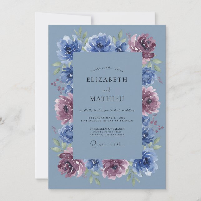 Blue Plum Floral Wedding Invitation (Front)