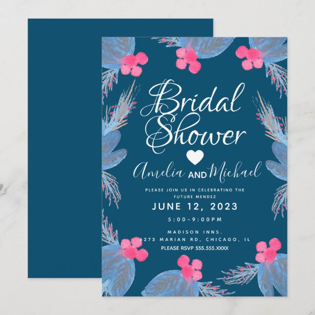 Blue Poinsettia Berry Watercolor Bridal Shower Invitation (Front/Back)