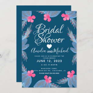 Blue Poinsettia Berry Watercolor Bridal Shower Invitation