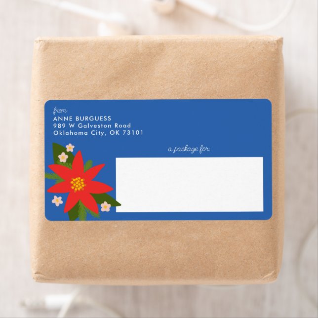 Blue Poinsettia Christmas Holiday Shipping Label (Insitu)
