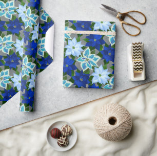 Blue Poinsettia Christmas Wrapping Paper