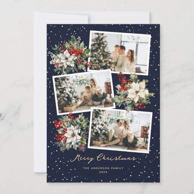 Blue Poinsettia Photo Collage Merry Christmas Card (Front)