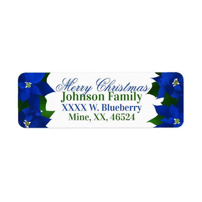 Blue Poinsettias Christmas Return Address Label (Front)