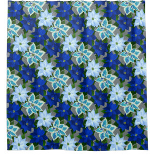 Blue Poinsettias Silver Christmas Shower Curtain