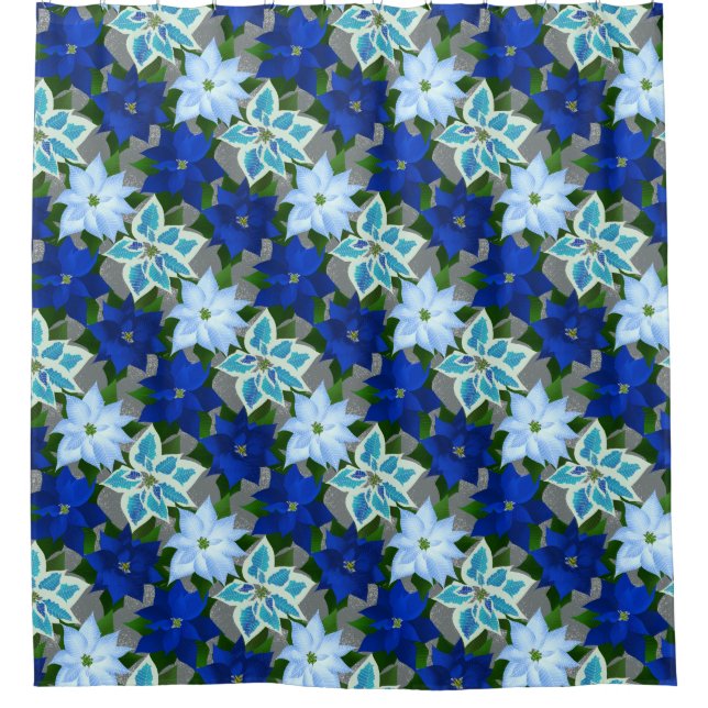 Blue Poinsettias Silver Christmas Shower Curtain (Front)