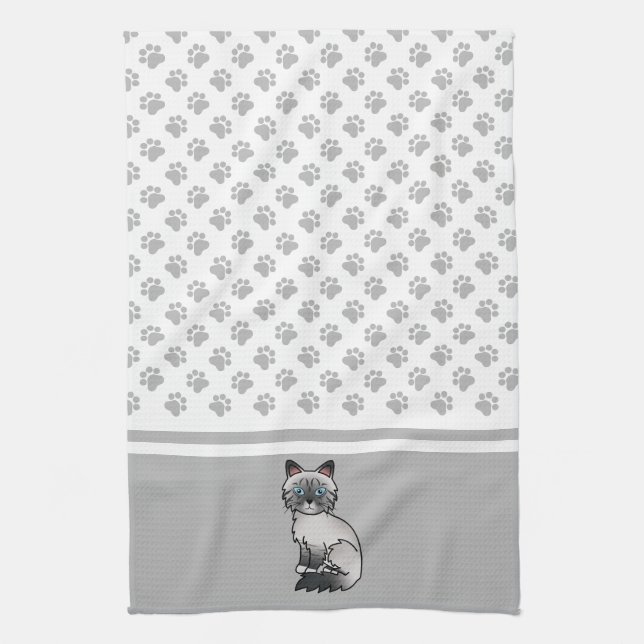 Blue Point Tabby Birman / Ragdoll Cute Cat & Paws Tea Towel (Vertical)