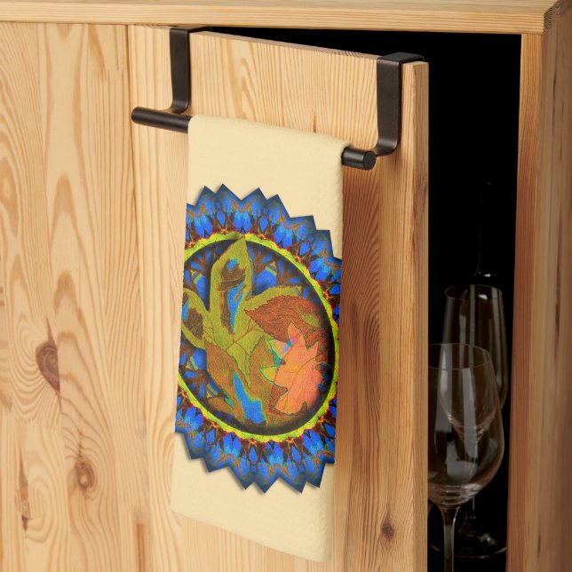 Blue Points Circled Fall Leaves Tea Towel (Thirds Fold)