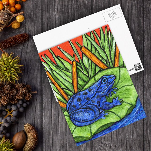 Blue Poison Frog Postcard (Vibrant blue frog black spots on lily pad green reed plants in water on postcard.)