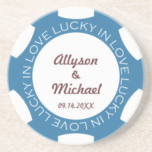 Blue poker chip lucky in love wedding anniversary coaster
