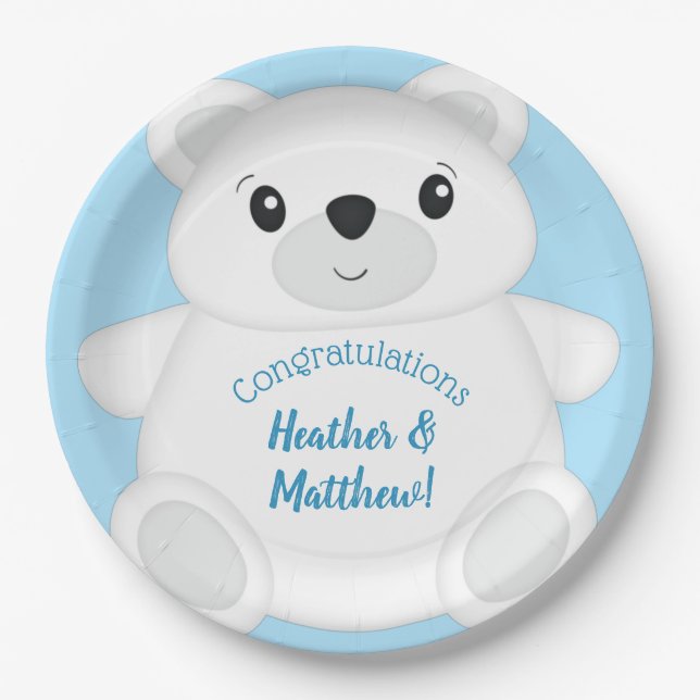 Blue Polar Bear Baby Shower Paper Plate (Front)