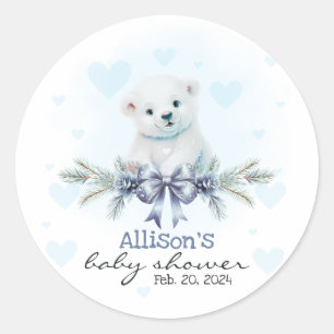 Blue Polar Bear Cub Boy Hearts Winter Baby Shower Classic Round Sticker