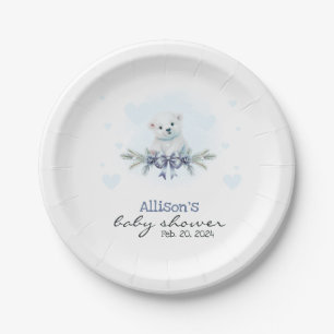 Blue Polar Bear Cub Boy Hearts Winter Baby Shower Paper Plate