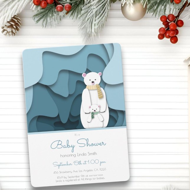 Blue Polar Bear Mum and Baby in Cave Baby Shower Invitation (Creator Uploaded)