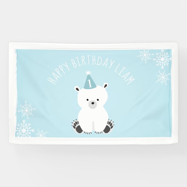 Blue Polar Bear Winter Onederland 1st Birthday Banner (Horizontal)