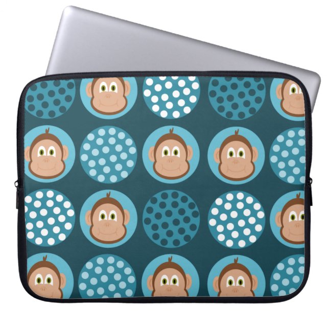 Blue Polka Dot and Monkey Design Laptop Sleeve (Front)