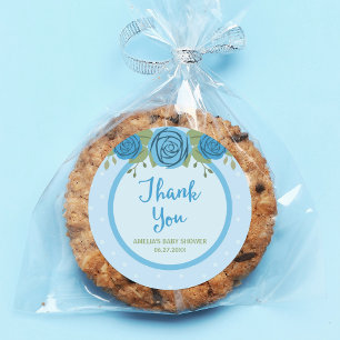 Blue Polka Dot and Roses Thank You Classic Round Sticker