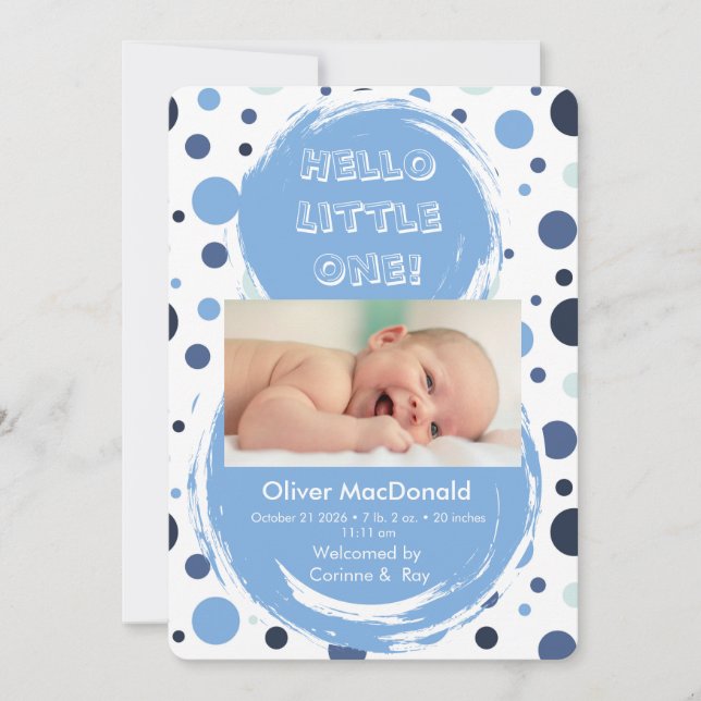 Blue polka dot Baby birth announcement (Front)