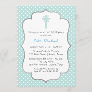 Blue Polka Dot Baptism with Cross and Silver Frame Invitation