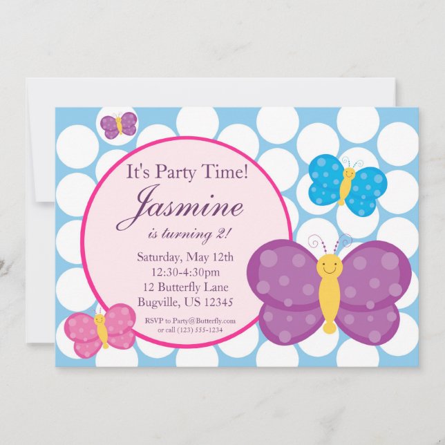 Blue Polka dot Butterfly Birthday Invitation (Front)