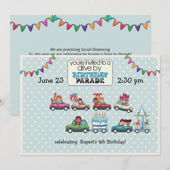 Blue Polka Dot Drive By Birthday Parade Invitation (Front/Back)