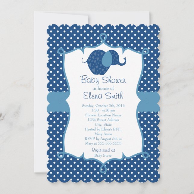 Blue Polka Dot Elephant Baby Shower Invitation (Front)