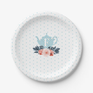 Blue Polka Dot Floral Vintage Tea Party Monogram Paper Plate