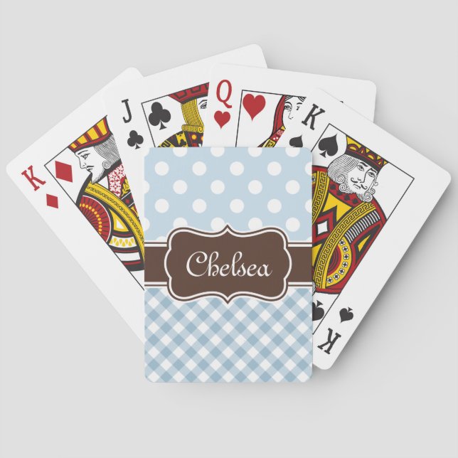 Blue Polka Dot Gingham Patterns Brown Name Playing Cards (Back)