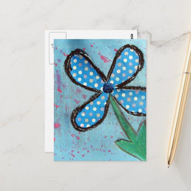 Blue Polka Dot Mixed Media Flower Postcard (Front/Back In Situ)